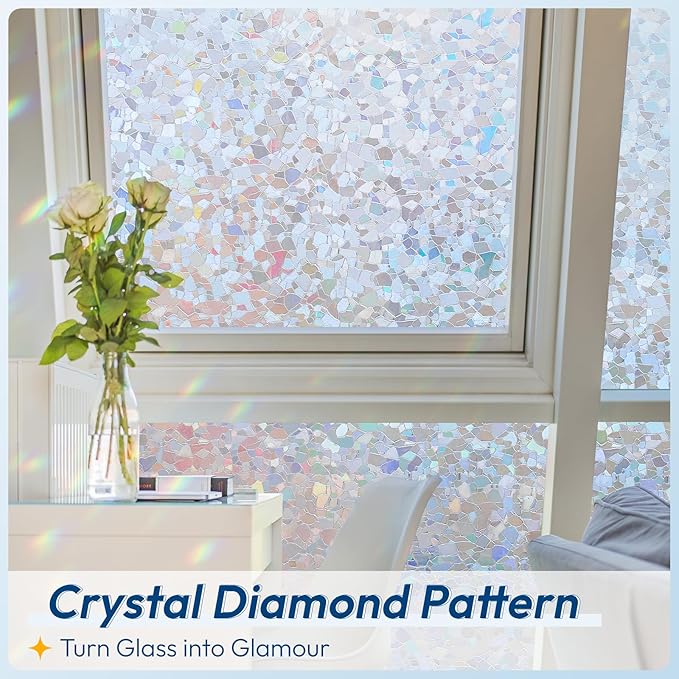 rabbitgoo Rainbow Window Privacy Film Decorative Stained Glass Diamond Pattern Window Sticker with Iridescent Tint Non-Adhesive Static Cling for Home Office Crystal Pattern, 23.6 x 118.1 inch