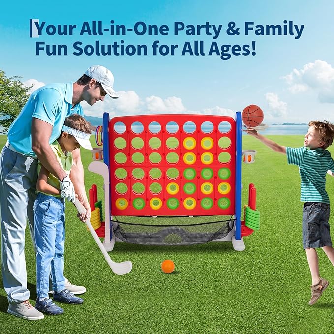Giant 4 in a Row Game,Adjustable Height Board Jumbo 4-in-a-Row Game with Quick-Release Slider,Mini Basketball,Golf & Ring Toss Set for Family Party, Outdoor & Indoor