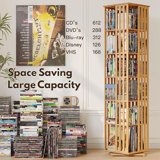XIMN 360° Rotating Bamboo CD/DVD Shelf - 6-Tier Space-Saving Media Storage Cabinet for Movies, Organizer with Super Compact Design