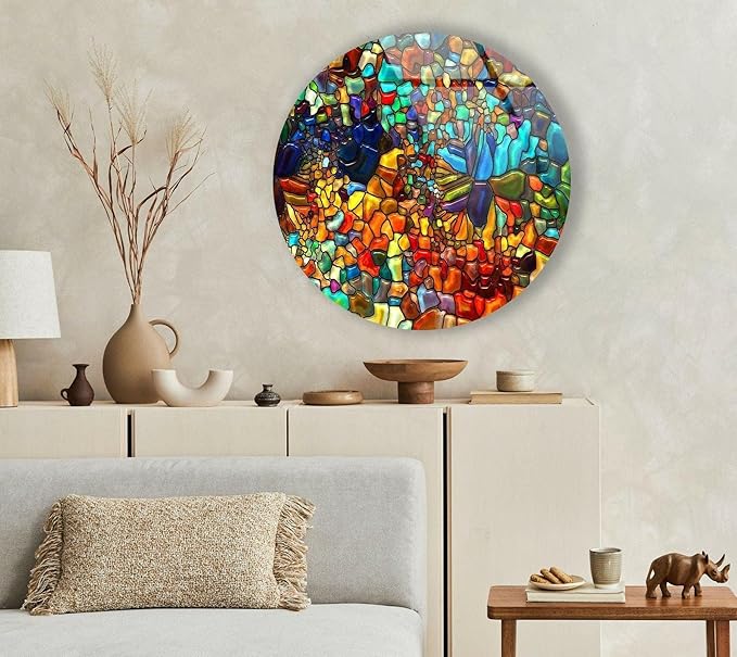 My Photostation.com 10''(25cm) Diameter Red Mosaic Round Glass Wall Art Tempered Glass Printing Wall Decor Large Wall Art Wall Hangings