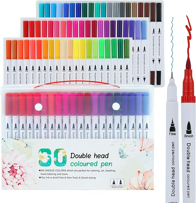 Water-based Ink Brush Markers Pens for Kids Adult, 60 Colors Dual Tip Drawing Markers for Sketching Coloring Note-taking Calligraphy, Office & School Supplies