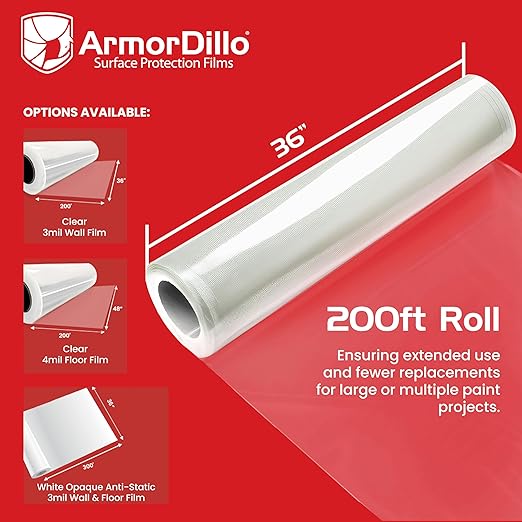 ArmorDillo Clear Full 3mil Self- Adhesive Paint Booth Protective Film Wall Masking Film Self-Adhesive, Easy-Start, 36" x 200 ft. Washable, Asteroid-Proof...Probably