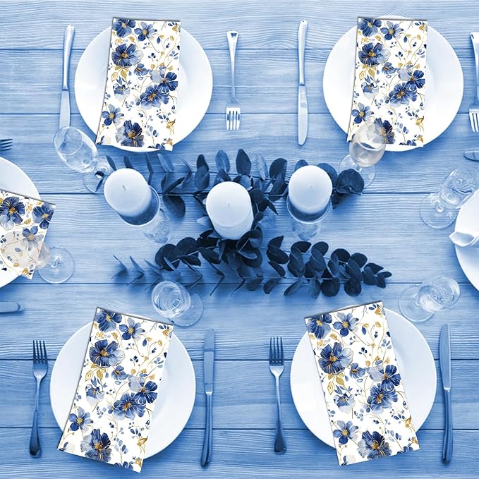 60 Pack 3 Styles Blue Floral Napkins for Decoupage Toile Napkins Flower Cocktail Decorative Paper for Birthday Party Beautiful Gorgeous, 12.9 * 15.7 inch