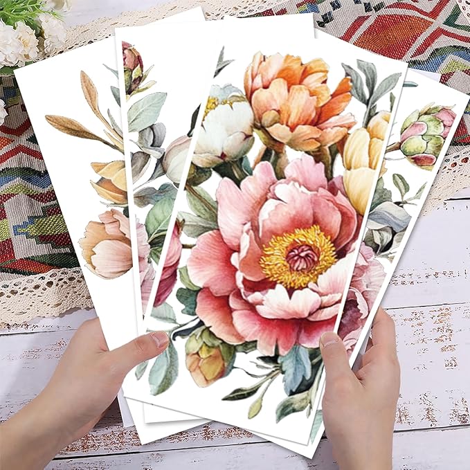 GLOBLELAND 4 Sheets Spring Peony Flowers Furniture Transfer 11.8x5.9inch Vintage Flowers Rub on Transfer UV Self-Adhesive Stickers Wall Art Craft for Bedroom Living Room Desk Table