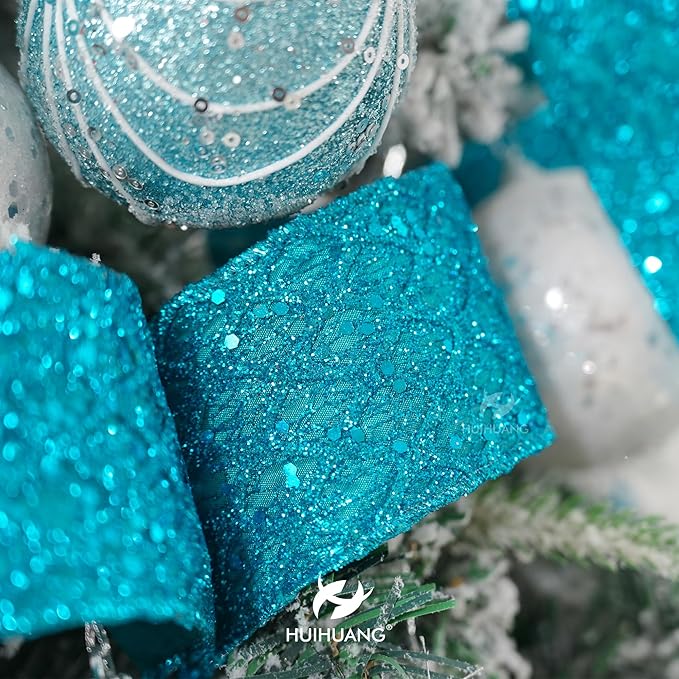 HUIHUANG Turquoise Glitter Wired Ribbon for Christmas Tree 2.5 inch Peacock Blue Diamond Mesh Ribbon for Tree Decoration, Wreaths, Garland, Gift Wrapping, Large Bows Making, Home Decor -10 Yards