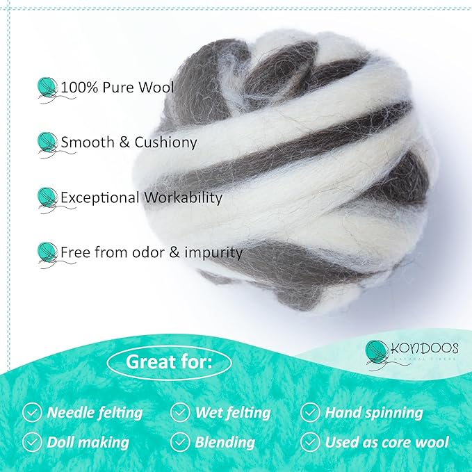 Kondoos Natural Wool roving, 8 OZ. Best for Needle Felting, handcrafts and Spinning. Natural Colours, un-Dyed. (Brown Zebra(Ecru/Mocha), 8 oz)