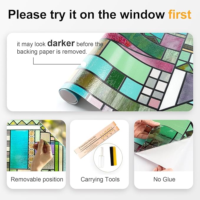 3D Stained Glass Window Privacy Film, Heat Control UV Blocking Static Cling Decorative Window Film for Bathroom,Front Door,Home Non Adhesive 35.4 x 78.7 inches Colorful Abstraction