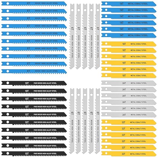 54Pcs Jig Saw Blade Set High Carbon Steel Assorted Saw Blades with U-Shank Sharp Fast Cut Down Jigsaw Blade Woodworking Tool for Wood Metal Plastic Cutting