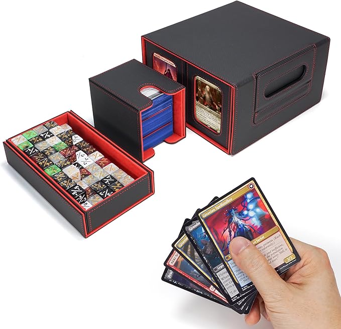 AFIING Commander Deck Box for MTG/EDH, Trading Card Storage Fits 400+ Double-Sleeved Cards, Display Window, 4 Removable Deck Cases, 8 Dividers, Dice Tray & Handle, 4 Toploader Holders (Black Red)