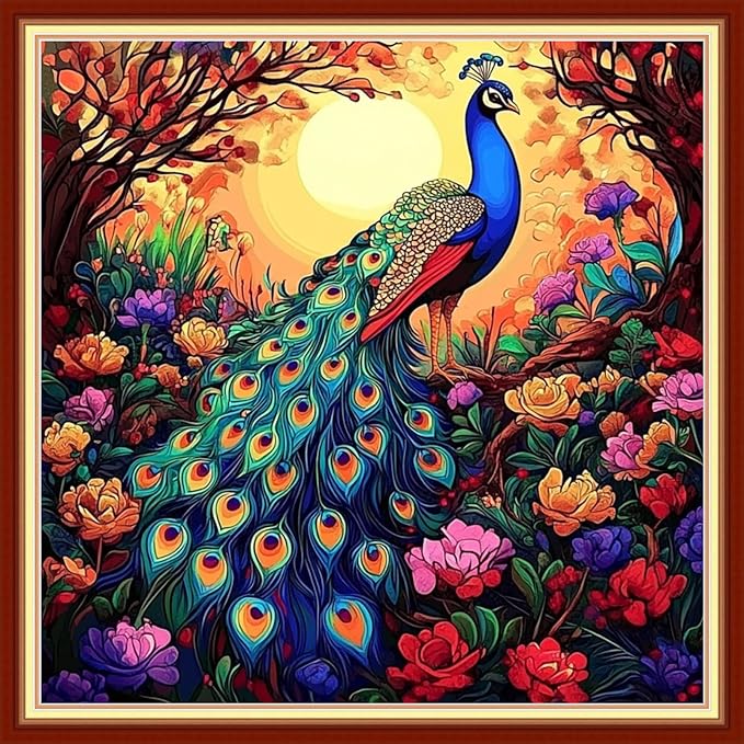 Foxhool Beginners Cross Stitch Kits Stamped Full Range of Embroidery Kits for Adults DIY Cross Stitches kit Embroidery Patterns for Needlepoint kit-Peacock Flower 18x18 inch