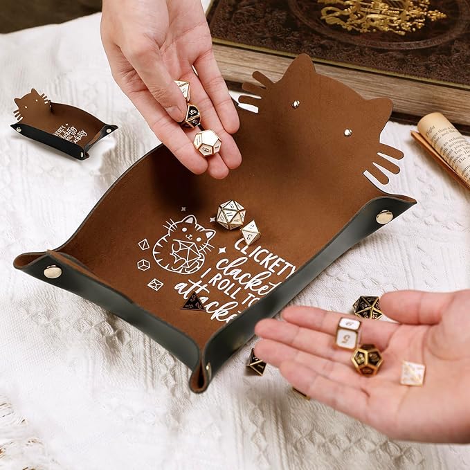 Cat Dice Rolling Tray Novelty Folding Leather Dice Holder Portable Dice Storage Accessories Decorative Desk Organizer Funny Gift for DND RPG Game Players