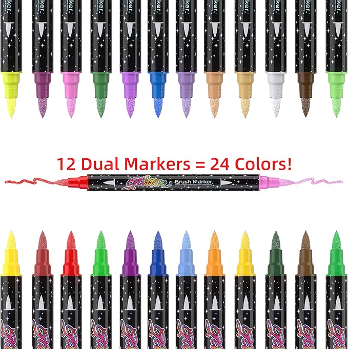 24 Colors Dual-tip Watercolor Markers, 12 Pack Glitter Brush Markers, Water-based Ink Sparkle Pen,Glitter Paint Pens for Adults Coloring,DIY Crafts,Doodle Writing, Art Crafts Gifts