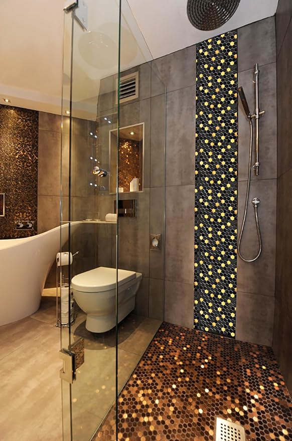 Blujellyfish Black and Gold Backsplash Wall Tiles Hexagon Mosaic Shower Floor Tile Kitchen Bathroom Tile (Box of 5 Sheets)