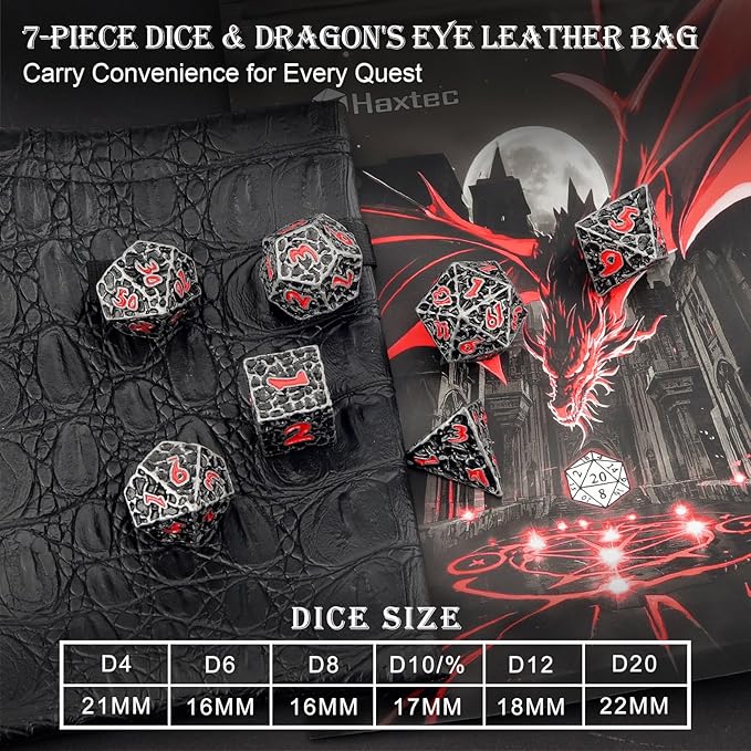 Haxtec DND Dice Set Metal Dice Compatible with Dungeons and Dragons D&D Gift TTRPG Antique Iron Red Polyhedral Dice