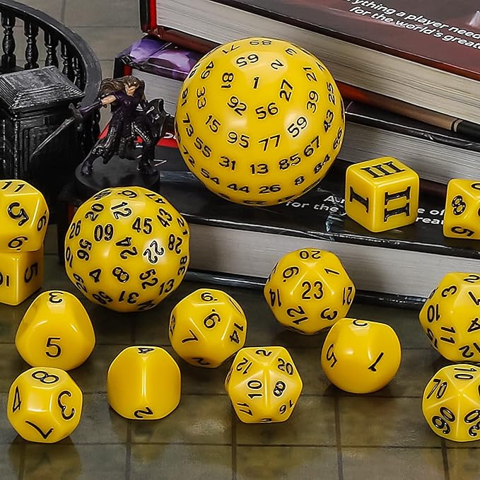 CiaraQ DND Polyhedral Dice Set (15pcs) D4-D100 Game Dice with Dice Bag for Dungeons and Dragons Role Playing Table Games (Yellow & Black)