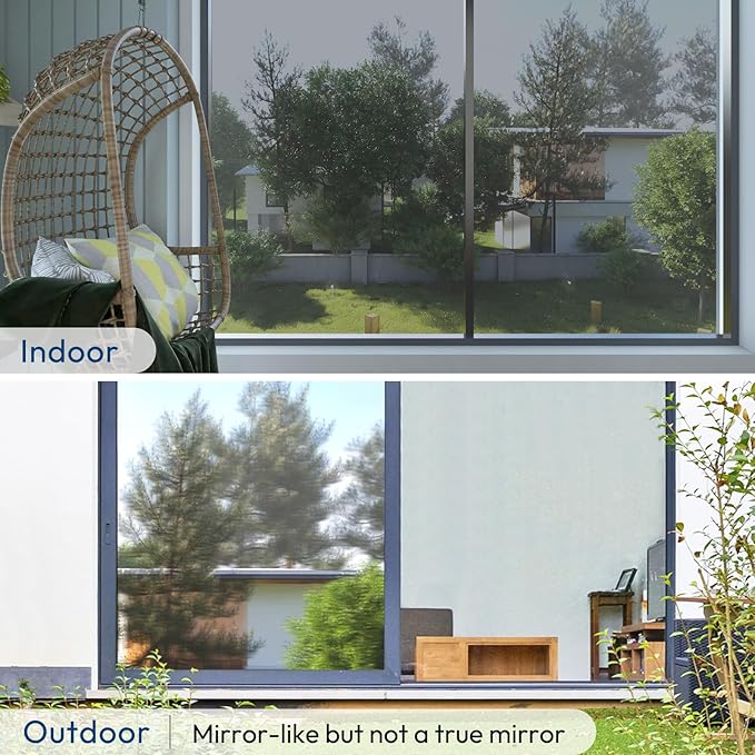rabbitgoo Window Privacy Film One Way Window Tint for Home, Removable Reflective Heat Sun Blocking Anti UV Glass Door Covering, Mirror Tinting Film House Office, 35.4 in X 9.8 Feet, Silver