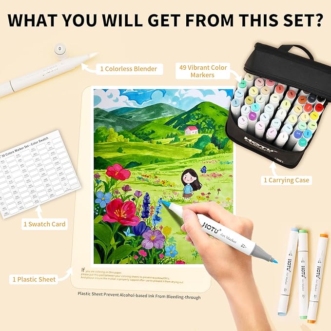 Alcohol Markers Brush and Fine Tip 50 Colors Dual Tips Art Marker Set Alcohol-based Sketch Pens with Carrying Case，Non-Bleeding Pad for Art Enthusiast Adults Coloring Illustration