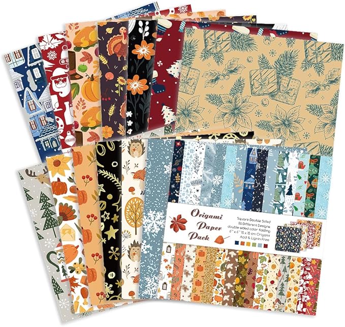 Origami Paper Kit 50 Sheets 70GSM 6 Inch Square Double Sided Color 50 Vivid Japanese Washi Chiyo Colors for Hand Crafts Origami Paper Arts Creativity.Winter