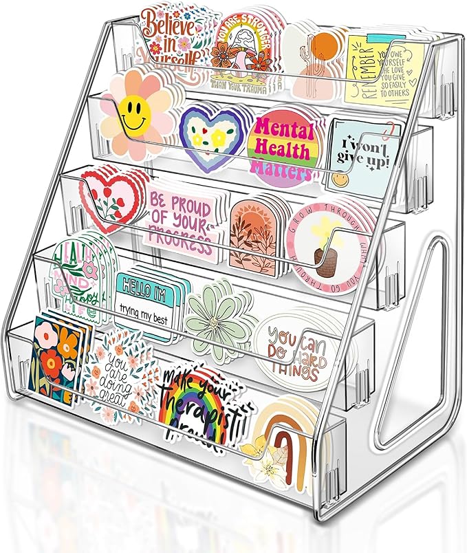 Tall 5-Tier Acrylic Card Display Stand for Greeting Cards, Sports Cards, Postcards, Stickers & Brochures, Easy Snap-On Sticker Display Rack