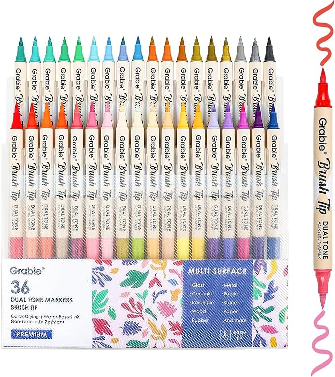 Grabie 72 Colors Acrylic Paint Markers, Soft Brush Tip Acrylic Markers Set, Paint Pens for Wood, Fabric, Canvas, Glass, Stone, Canvas, Rock Painting and DIY Crafts Art Supplies, Set of 36