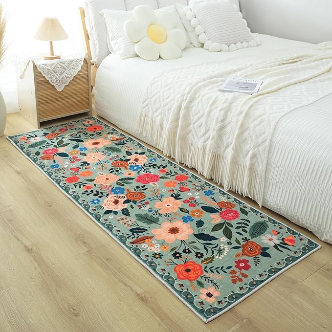 Rugcomf Runners for Hallways Kitchen Runner Rug Non Slip 2'x 10' Long Washable Rugs with Rubber Backing Soft Floral Carpet Runner for Hallways, Kitchen, Laundry, Bedroom, Bathroom(Green)