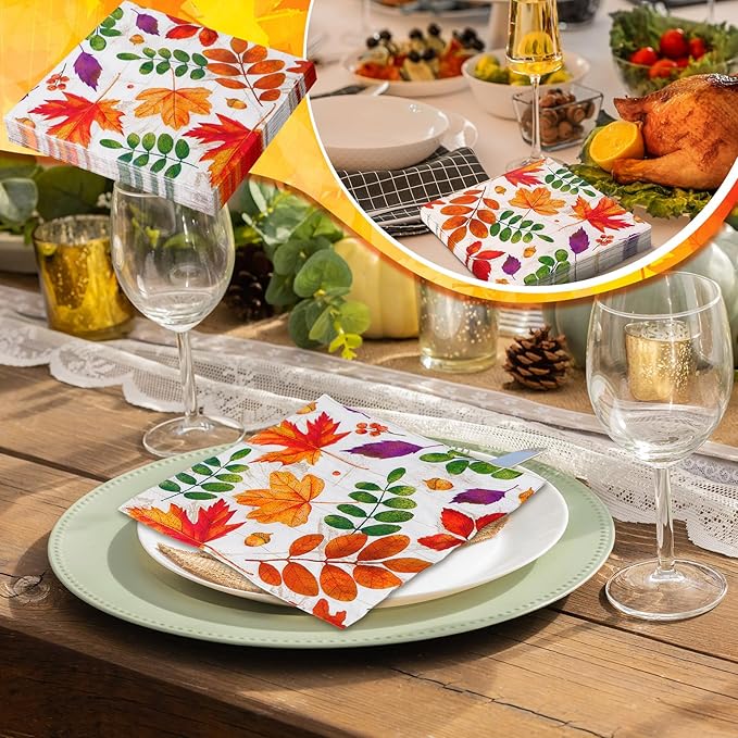 60 Pcs Fall Leaves Cocktail Paper Napkins 6.5 x 6.5 Inches Disposable Paper Napkins Dessert Beverage Napkin for Decoupage Luncheon Napkin for Party Wedding Birthday Party
