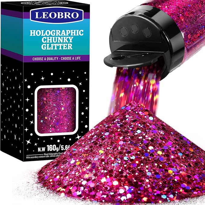 LEOBRO Red Glitter, 160G/5.64OZ Holographic Chunky Glitter for Crafts, Resin, Nail Body, DIY Decorations