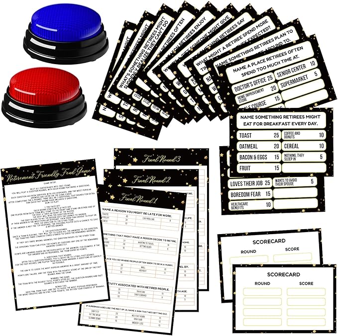 20 Pcs Retirement Friendly Feud Game Set Retirement Party Game Trivia Quiz with 18 Card 2 Buzzer for Adults Family Games Activities Party Supplies, Battery Not Included