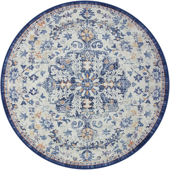 Lahome Round Rug 5'3"Ft, Large Washable Dining Room Round Area Rug Soft Kitchen Circle Rug, Bohemian Non-Slip Non-Shedding Printed Indoor Carpet for Bedroom Entryway Bathroom, Blue Purple/Multi
