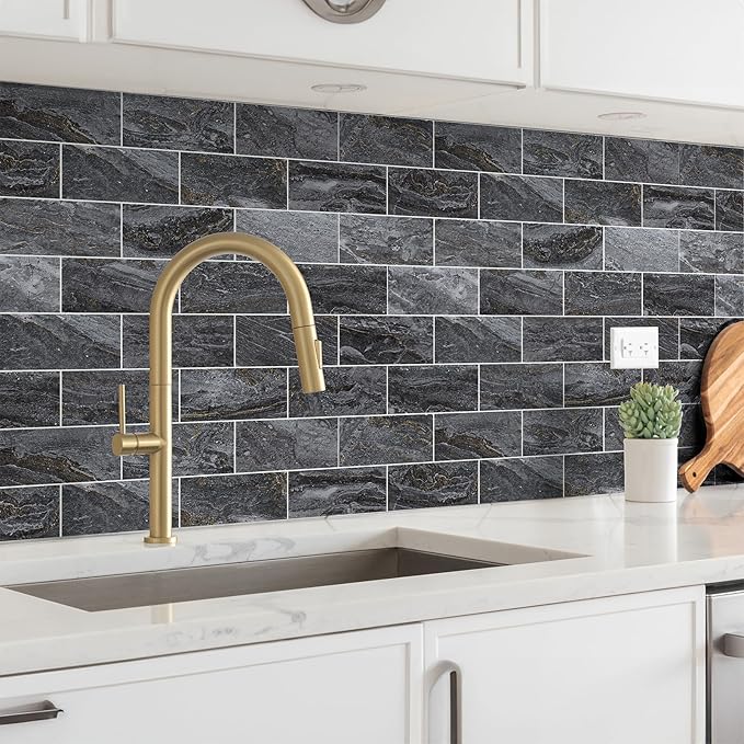 4 Pieces Peel and Stick Backsplash for Kitchen, 3" x 6" PVC Subway Tile 2025 Upgraded Gray-Gold Stone Backsplash Stick on Tile Elevate Kitchen Fireplace RV