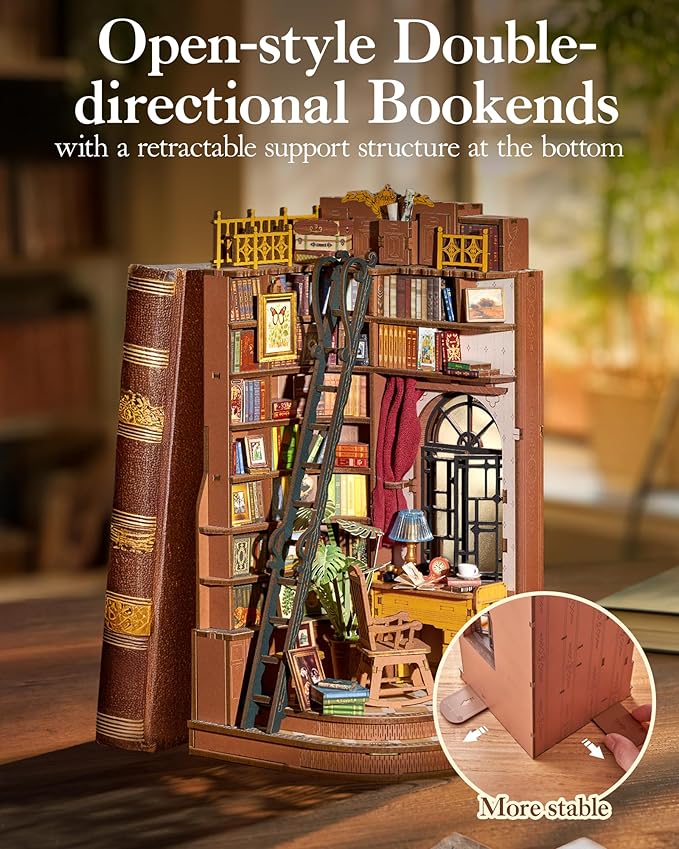 ROBOTIME Book Nook Kit, DIY Miniature House Kit, 3D Wooden Puzzle Bookends,Bookshelf Decor, Simple Assembly Dollhouse Kit, Creative Unique Gifts for Adults/Teens/Beginner (Silent Corner Study)