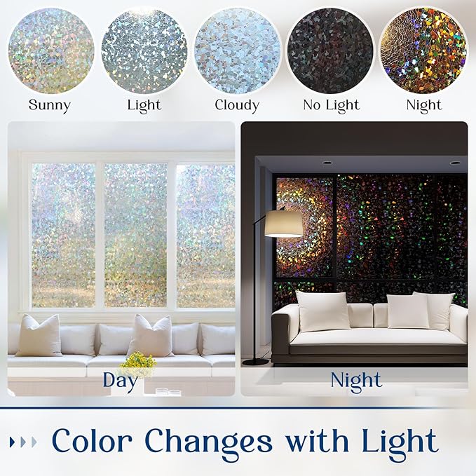 Haton Window Privacy Film, Rainbow Stained Glass Window Clings, 3D Decorative UV Sun Blocking Sticker, Removable Static Cling Heat Control Tint for Home Door, 23.6" x 157.4" Non-Adhesive