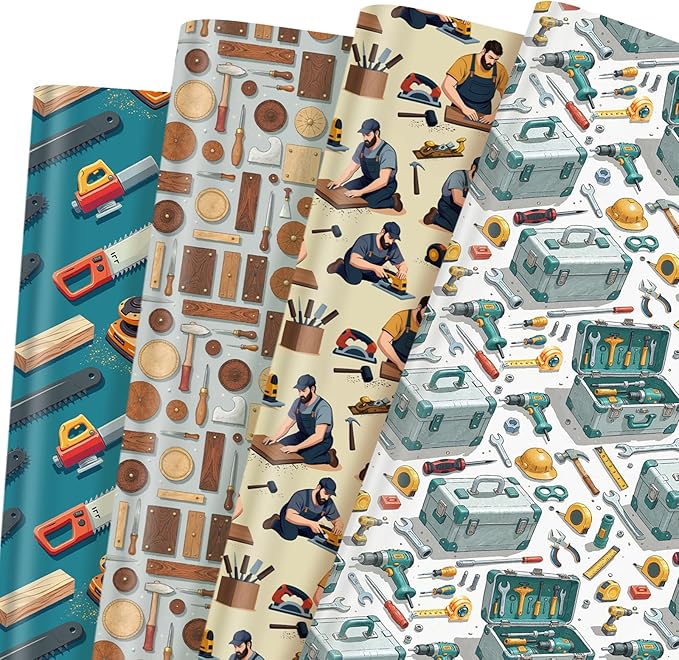 Pineraap 12 Sheets Carpenter Wrapping Paper, Woodworking Tools & Craftsman Printed Gift Wrap Decorative Craft Paper for DIY Projects, Birthdays, Father's Day, or Handyman Celebrations, 20 x 28 inch