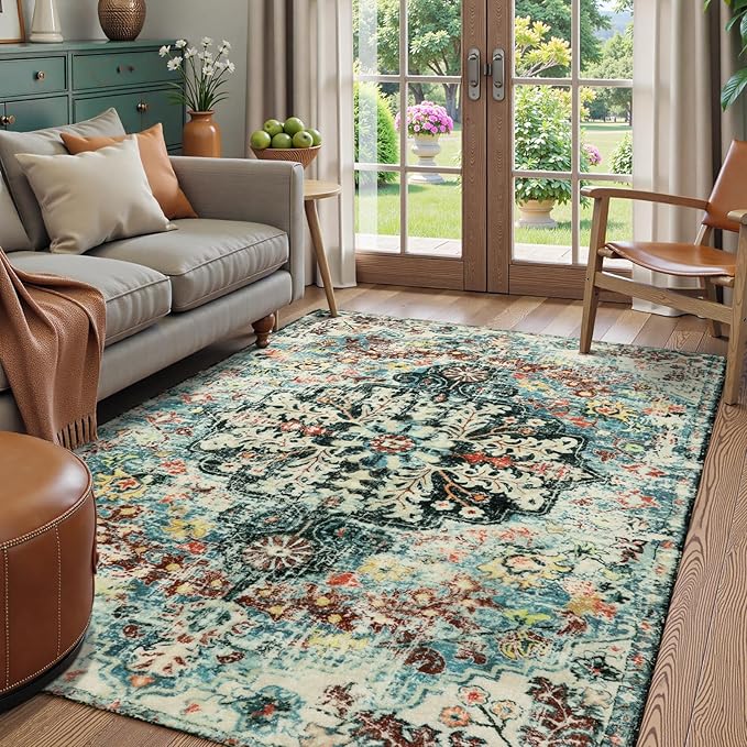 Lahome Bohemian Floral Medallion Area Rug - 4x6 Teal Soft Bedroom Rug Washable Entryway Mat, Non Slip Pet Friendly Indoor Floor Accent Carpet for Bathroom Mudroom Basement Studio