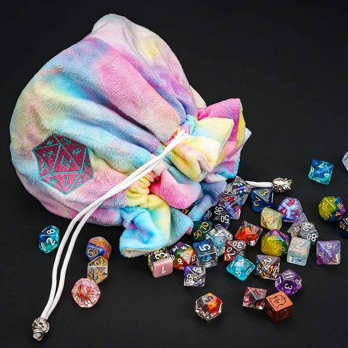 DND Dice Bags Large with Pockets Rainbow Storage Bag with D20 Logo for RPG Game Dices - Capacity 200+ Dice