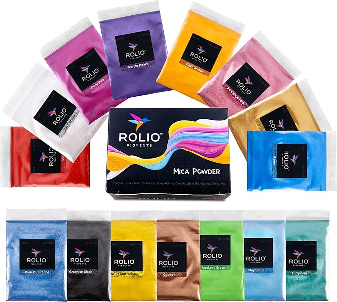 Rolio Mica Powder, 5g, 15 Bags - Pearlescent Color Pigment - Art Set for Resin Epoxy - for Soap Making, Nail Polish, Lip Gloss, Eye Shadow, Slime & Candle Jars - (Original Set)