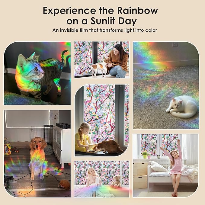 Window Privacy Film Rainbow Film Stained Glass 3D Static Cling Decorative Window Sticker for Bathroom,Front Door,Home Heat Control UV Blocking Non Adhesive,Peach Blossom 35.4 x 78.7inches