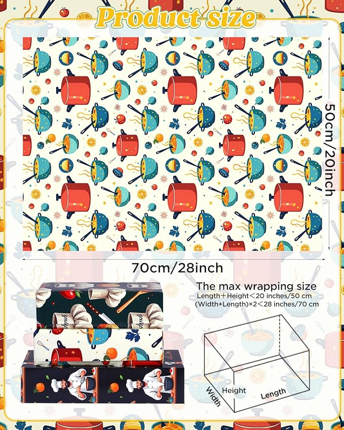 Pineraap 12 Sheets Chef Cooking Wrapping Paper, Vegetable Cooking Theme Gift Wrap Paper for Baker, Tomato, Chef Design Folded Flat Art Paper for Birthday, Kitchen Gifts, DIY Crafts, 19.7 x 27.6 Inch