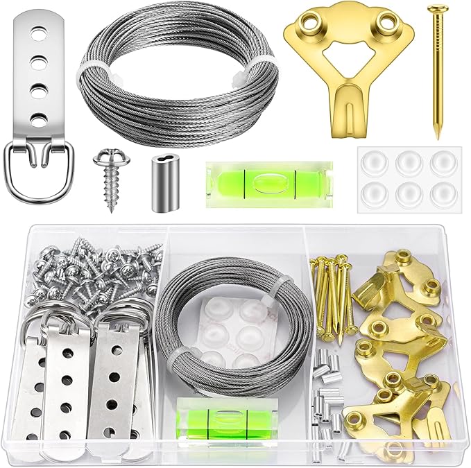88Pcs Heavy Duty Picture Hanging Wire Kit, Include 50Ft Stainless Steel Wire Picture Hanging for Photo Mirror Frame, up to 110lbs, D Ring, Picture Hangers, Screws, Hanging Hooks, Nails, Level