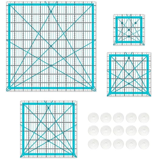 Quilting Rulers, Sewing Rulers, 4 Piece Quilting Square Templates, Acrylic Rulers with Non-Slip Rings for Sewing (3.5"X3.5", 5"X5", 6.5"X6.5", 10.5"X10.5") (Blue)