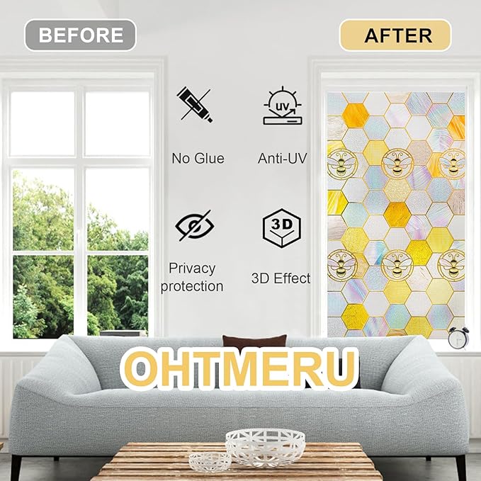 3D Stained Glass Window Privacy Film, Heat Control UV Blocking Static Cling Decorative Window Film for Bathroom,Front Door,Home Non Adhesive,23.6 x 35.4 inches Honey