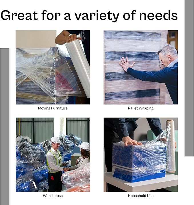 PSBM Stretch Wrap, 4 Pack, 18 Inch x 2000 Feet, 60 Gauge, Clear Plastic Cling, Cast Hand Stretch Film Rolls for Packaging Moving Packing Pallets