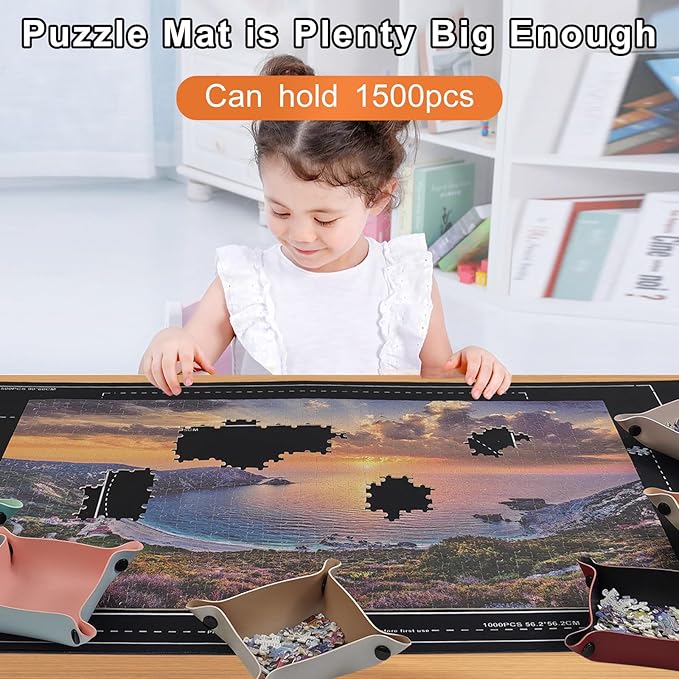 Napzy Rubber Puzzle Mat,Puzzle Matt Rollup,1500 Piece Puzzles Play Mat Has 6PCS Leather Puzzles Sorting Trays,41'' * 25'' Portable Jigsaw Keeper,Jigsaw Saver Board Roll Up with Storage Bag,Gift Box