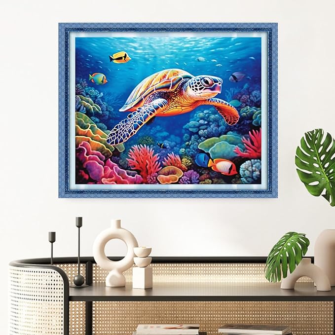 Redxing Stamped Cross Stitch Kits Full Range of Embroidery Starter Kits- Needlepoint Counted Cross Stitch Kits for Beginner Adults 11CT Printed Embroidery Kit-Colorful Turtle 16x20 inch