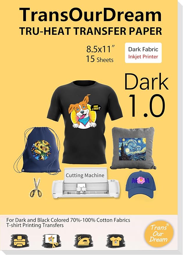 TransOurDream Tru-Iron on Heat Transfer Paper for Dark Fabric (15 Sheets, 8.5x11") T Shirt Transfers Paper for Inkjet Printer Printable Heat Transfer Vinyl for T-Shirts (TOD-7-15)