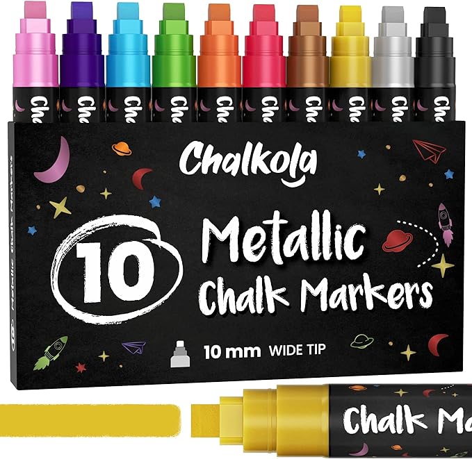 10mm Metallic Chalk Markers (10 Pack) Liquid Chalk Pens - For Blackboards, Chalkboard, Bistro Menu, Window - Wet Wipe Erasable Car Window Markers - 10mm 3-in-1 Wide Nib