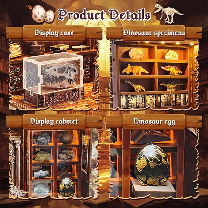 3D Wooden Puzzles for Adults, DIY Miniature Dollhouse, Book Nook Kit, Built-in LED Model Kit Hobby Gifts for Adults Teens Home Decor, Ideal Gift for Teenager and Men (Dinosaur Museum)