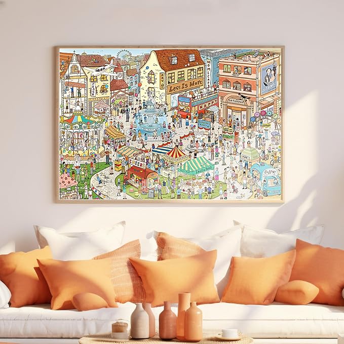 MOMIBOOK Puzzles for Adults 1000 Pieces Jigsaw Puzzles of Weekends in a Small Town, Painting Image Difficult Challenging Hard Impossible Puzzle Unique Funny Party Christmas Birthday Gifts