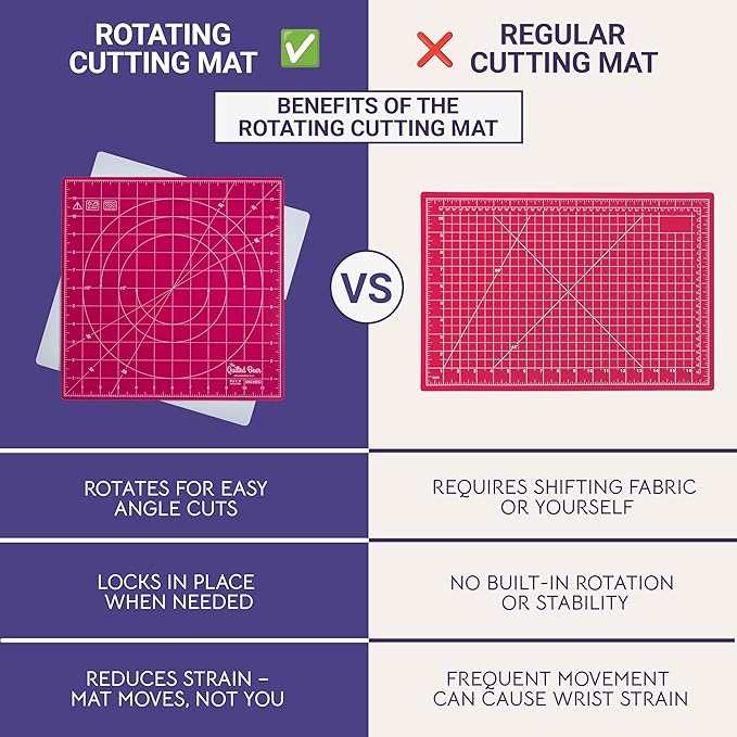 The Quilted Bear Rotating Cutting Mat 7" x 7" - Locking & Rotating Self Healing Cutting Board for Sewing, Fabric & Effortless Quilting - 360 Degree Sewing Supplies Mat for Craft Table (Pink)