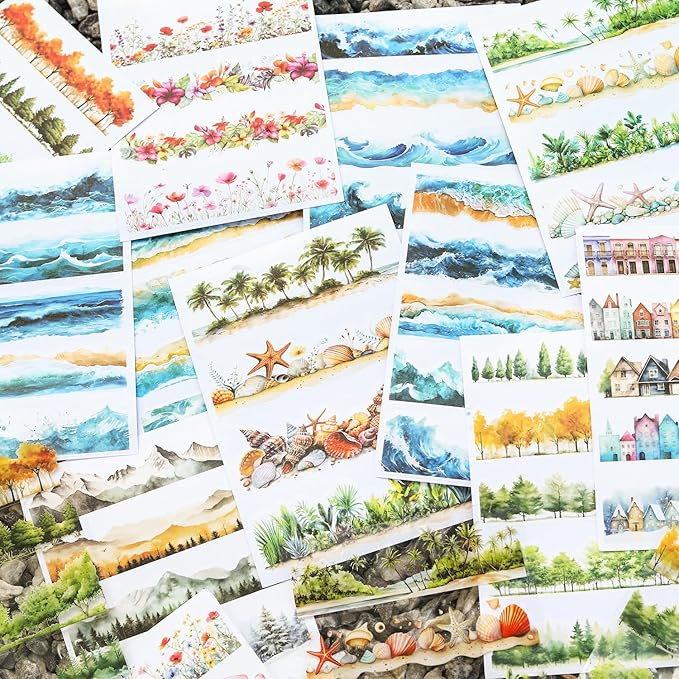 80 Sheet Nature PET & Washi Sticker Book Set, Pre-Cut Landscape Stickers for Scrapbooking, Journaling, and DIY Crafts